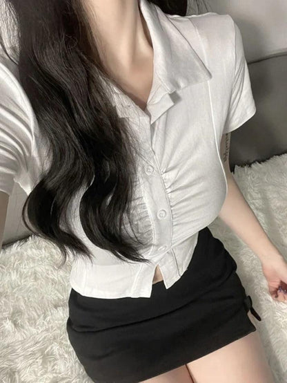 Pleated Slim White Short Sleeves Shirts