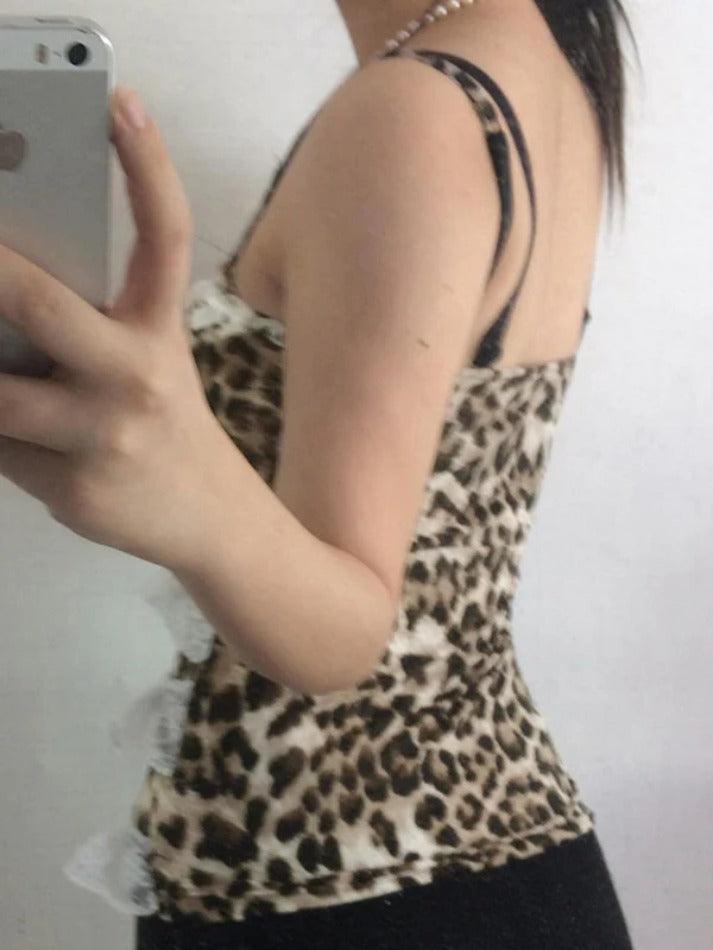 Leopard Print Lace Bow Splice Cami Top