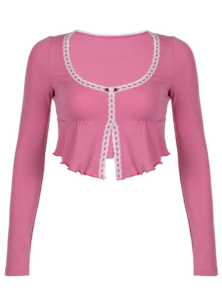 Pink Frill Cute Lace Long Sleeves Mini Top