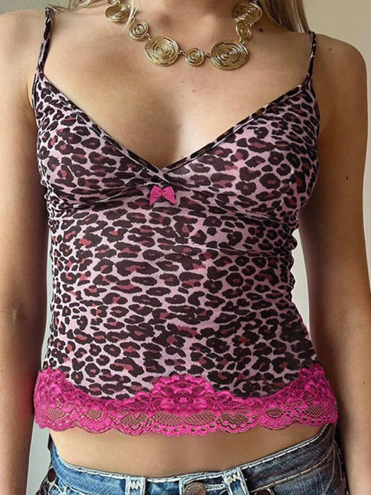 Personalized leopard print lace stitching Cami Top