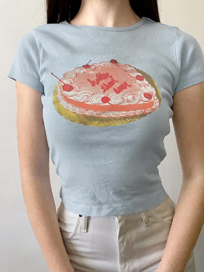 Short Sleeve Cake Print Slim-Fit Crop Top