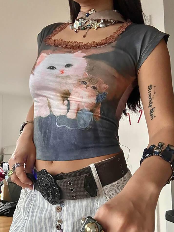 Cat Printed Lace Patchwork Top