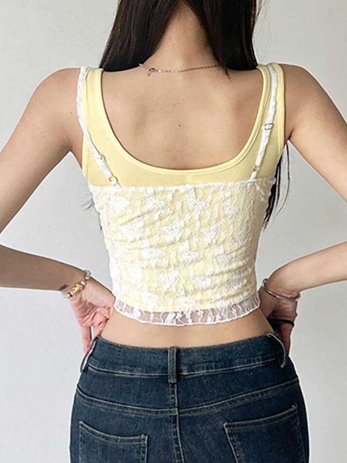 Lace Patchwork Yellow Bow Cami Tank Top