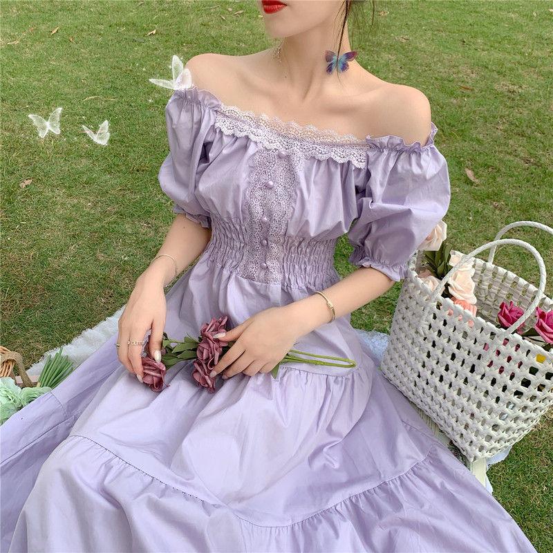 qgtao Summer Purple Elegant Lace Long Maxi Dress Vintage Square Collar French Princess Dresses Casual Holiday Party Dress