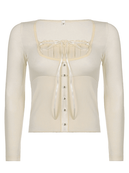 Fleece Bow-Neck Ribbed Lace Blouse