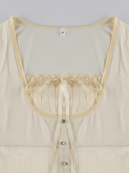 Fleece Bow-Neck Ribbed Lace Blouse