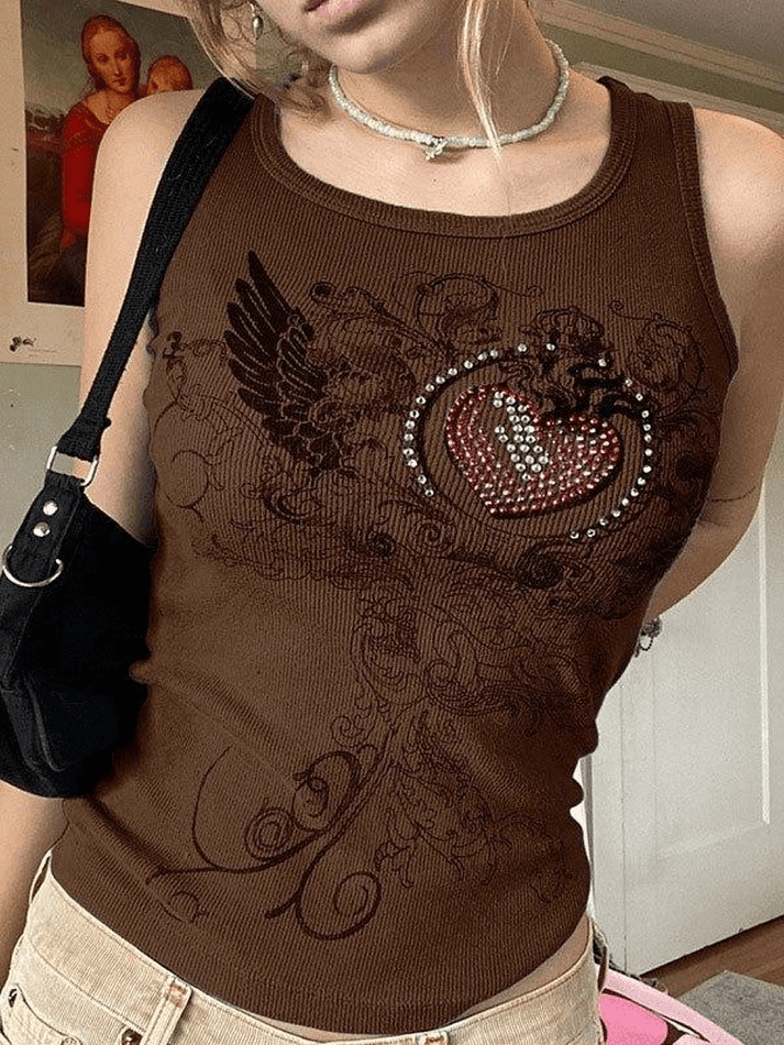 Heart Rhinestone Rib Crop Tank Top