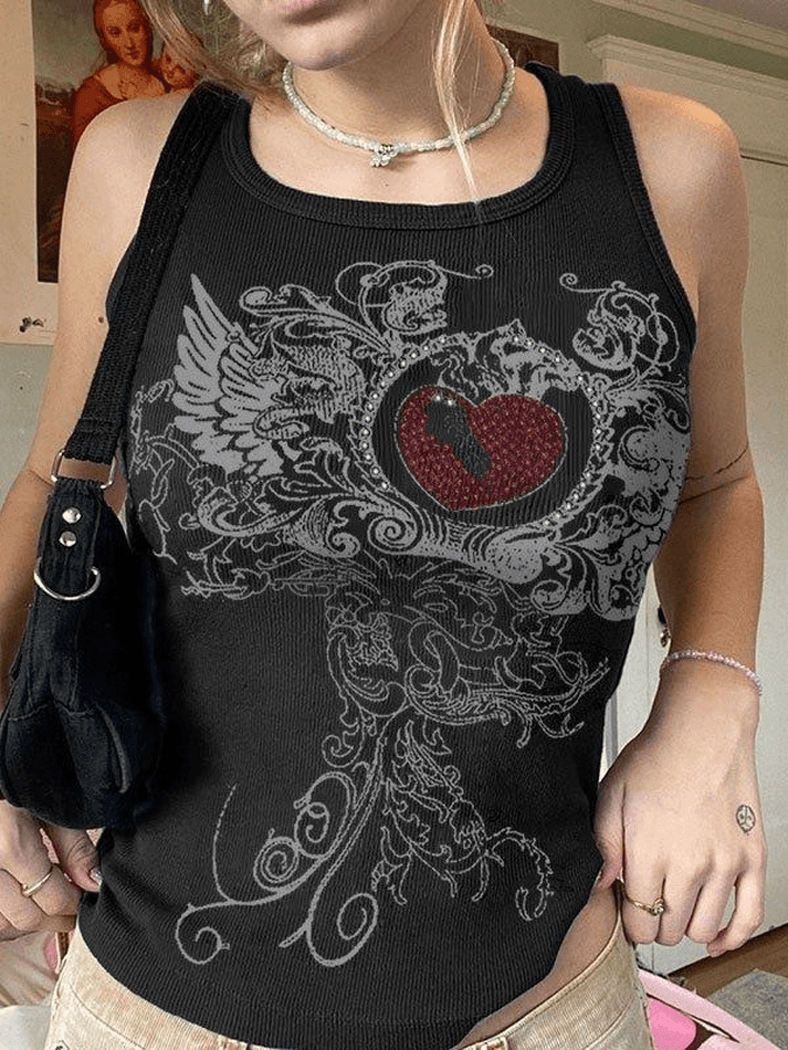 Heart Rhinestone Rib Crop Tank Top