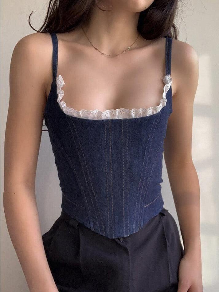 Lace Paneled Denim Corset Top