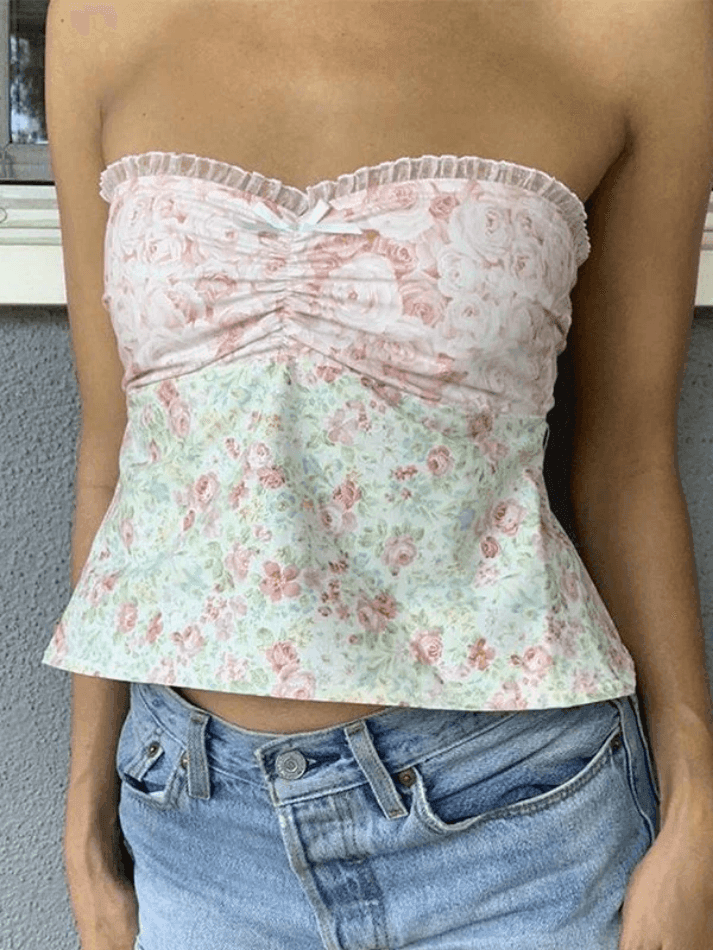 Lace Stitching Plaid Bandeau Top