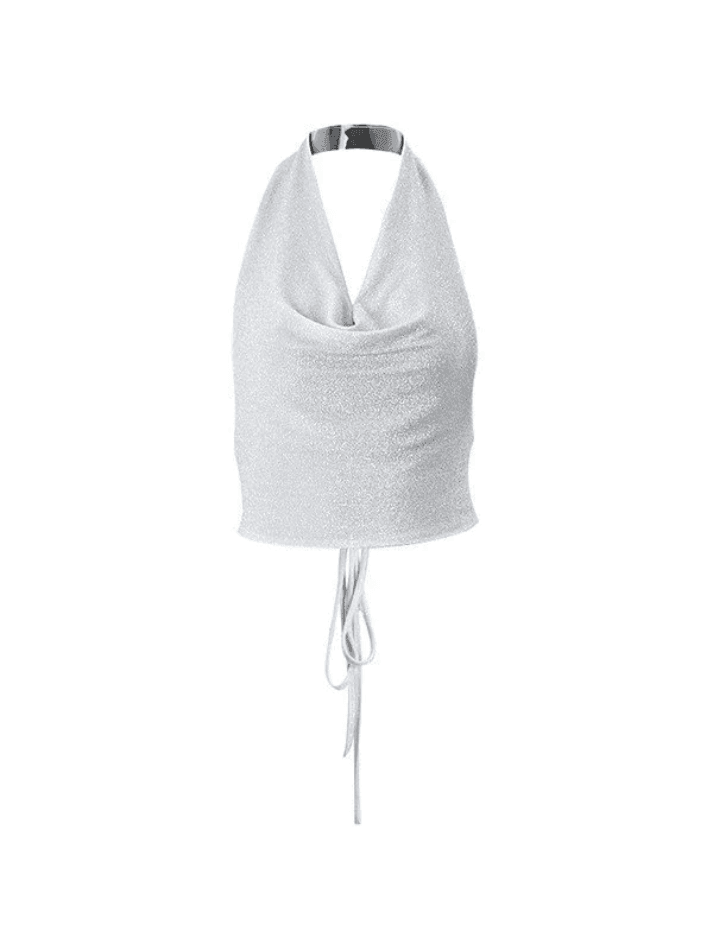 Metallic Silver Halter Cropped Tank Top