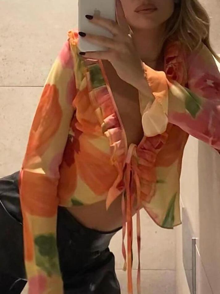 Plunge V Neck Chiffon Blouse