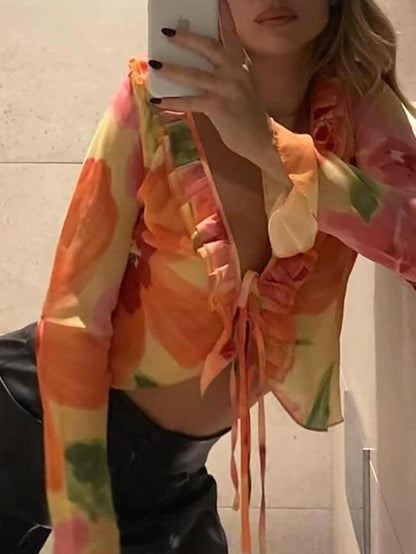 Plunge V Neck Chiffon Blouse