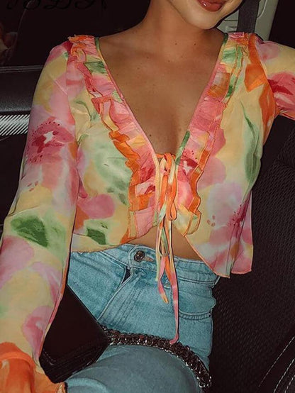 Plunge V Neck Chiffon Blouse