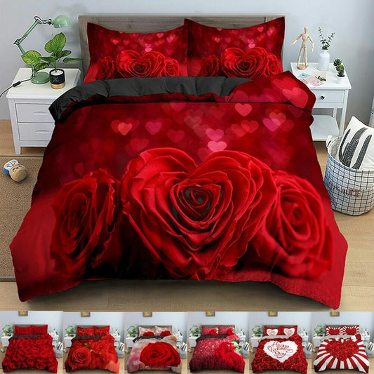 Yeknu Red Rose Duvet Cover Set Full Size Soft Luxury 3D Rose Flower Microfiber Bedding Set 3Pcs Romantic Quilt Cover Queen King Size