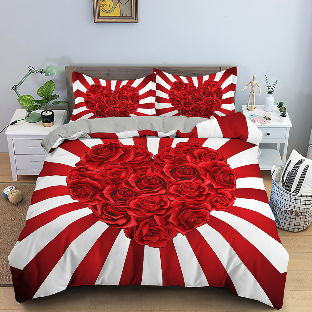 Yeknu Red Rose Duvet Cover Set Full Size Soft Luxury 3D Rose Flower Microfiber Bedding Set 3Pcs Romantic Quilt Cover Queen King Size