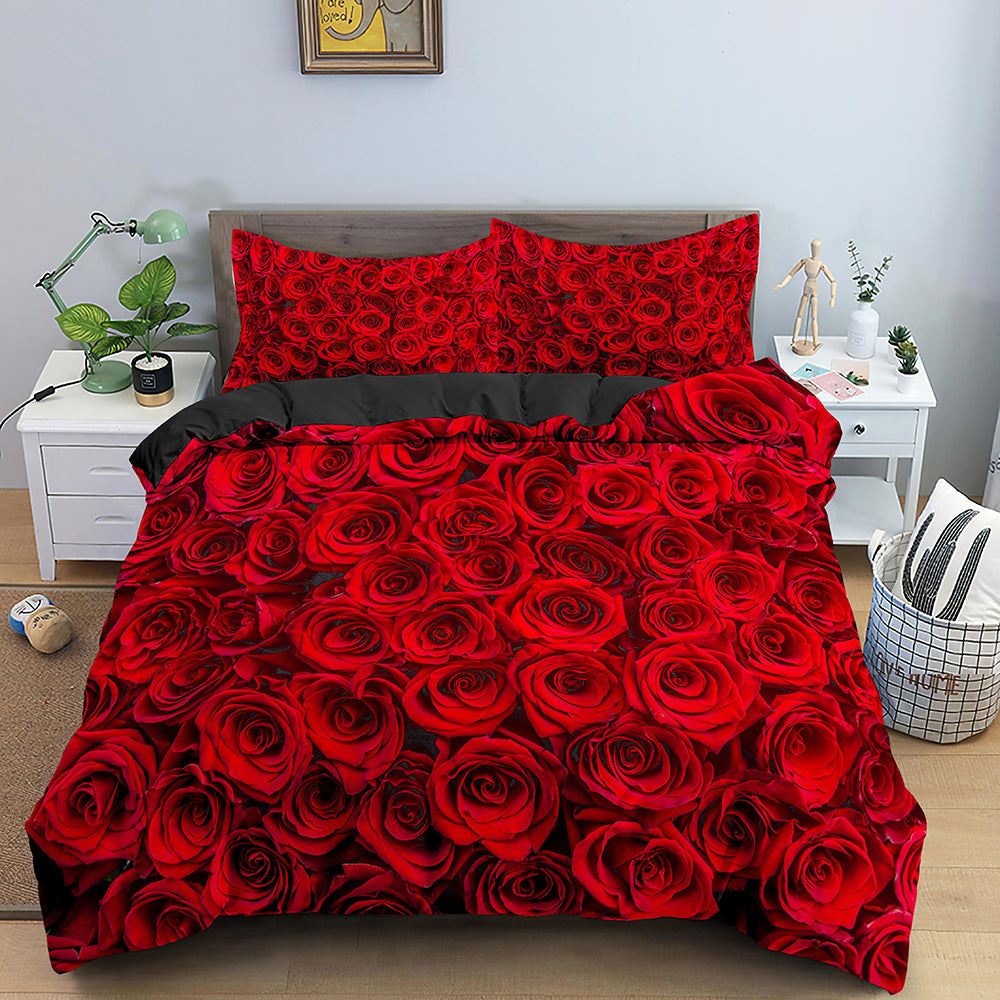 Yeknu Red Rose Duvet Cover Set Full Size Soft Luxury 3D Rose Flower Microfiber Bedding Set 3Pcs Romantic Quilt Cover Queen King Size