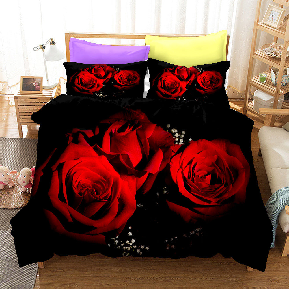 Yeknu Red Rose Duvet Cover Set Full Size Soft Luxury 3D Rose Flower Microfiber Bedding Set 3Pcs Romantic Quilt Cover Queen King Size