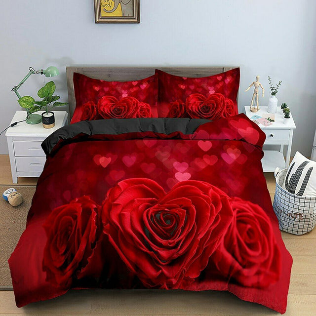 Yeknu Red Rose Duvet Cover Set Full Size Soft Luxury 3D Rose Flower Microfiber Bedding Set 3Pcs Romantic Quilt Cover Queen King Size