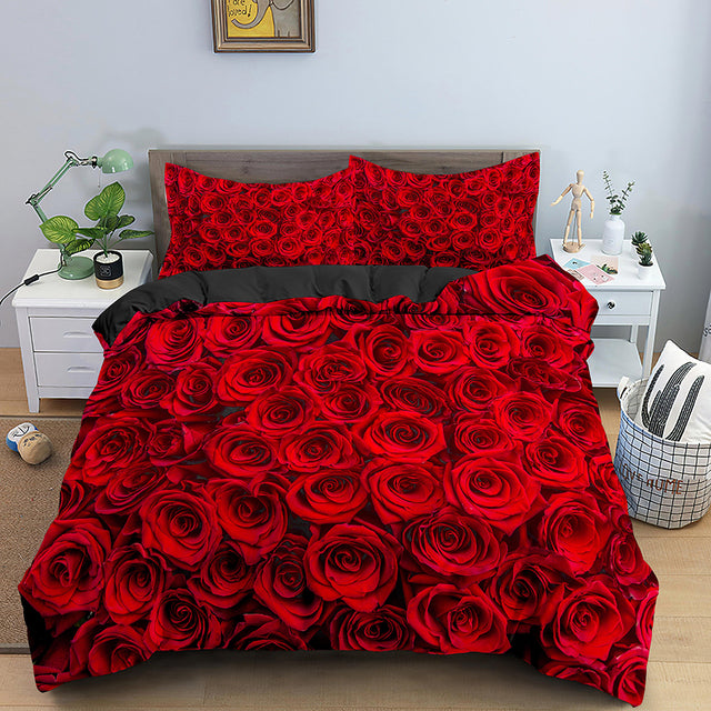 Yeknu Red Rose Duvet Cover Set Full Size Soft Luxury 3D Rose Flower Microfiber Bedding Set 3Pcs Romantic Quilt Cover Queen King Size