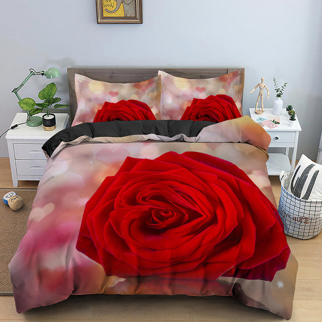 Yeknu Red Rose Duvet Cover Set Full Size Soft Luxury 3D Rose Flower Microfiber Bedding Set 3Pcs Romantic Quilt Cover Queen King Size