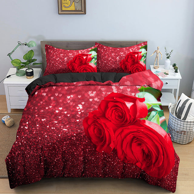 Yeknu Red Rose Duvet Cover Set Full Size Soft Luxury 3D Rose Flower Microfiber Bedding Set 3Pcs Romantic Quilt Cover Queen King Size