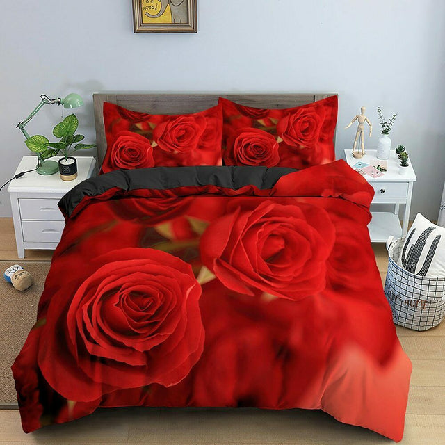 Yeknu Red Rose Duvet Cover Set Full Size Soft Luxury 3D Rose Flower Microfiber Bedding Set 3Pcs Romantic Quilt Cover Queen King Size