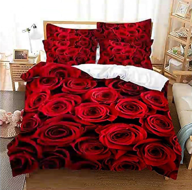 Yeknu Red Rose Duvet Cover Set Full Size Soft Luxury 3D Rose Flower Microfiber Bedding Set 3Pcs Romantic Quilt Cover Queen King Size