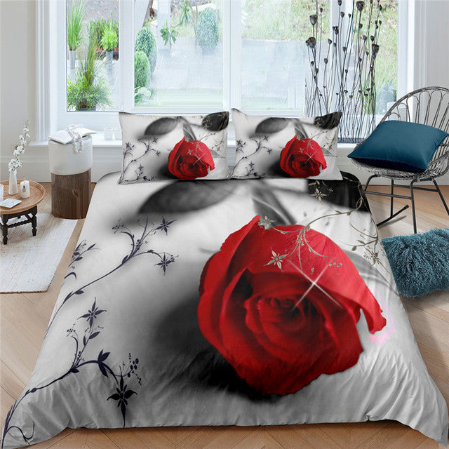 Yeknu Red Rose Duvet Cover Set Full Size Soft Luxury 3D Rose Flower Microfiber Bedding Set 3Pcs Romantic Quilt Cover Queen King Size