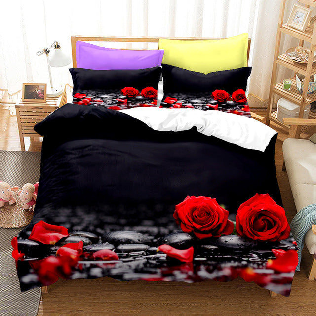 Yeknu Red Rose Duvet Cover Set Full Size Soft Luxury 3D Rose Flower Microfiber Bedding Set 3Pcs Romantic Quilt Cover Queen King Size