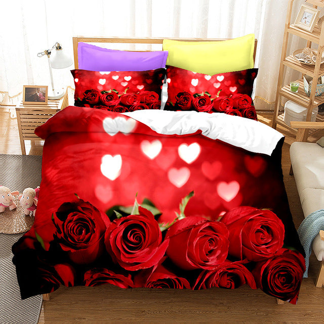 Yeknu Red Rose Duvet Cover Set Full Size Soft Luxury 3D Rose Flower Microfiber Bedding Set 3Pcs Romantic Quilt Cover Queen King Size