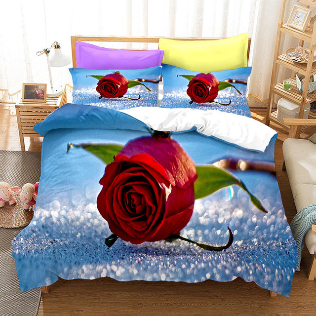 Yeknu Red Rose Duvet Cover Set Full Size Soft Luxury 3D Rose Flower Microfiber Bedding Set 3Pcs Romantic Quilt Cover Queen King Size