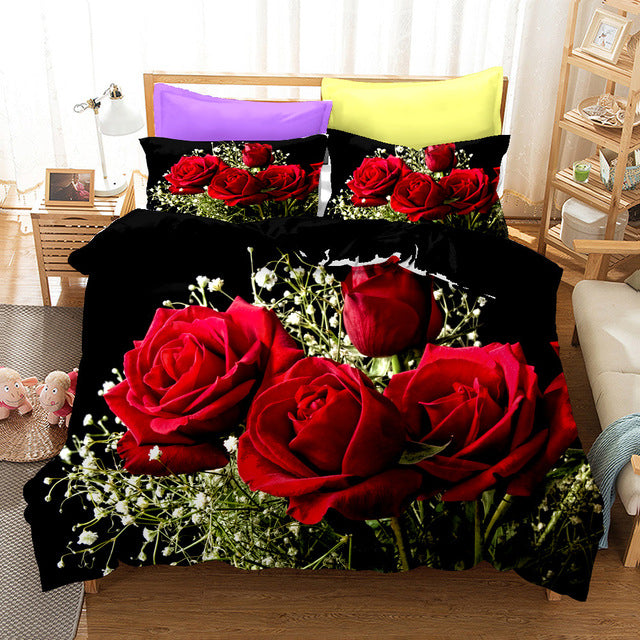 Yeknu Red Rose Duvet Cover Set Full Size Soft Luxury 3D Rose Flower Microfiber Bedding Set 3Pcs Romantic Quilt Cover Queen King Size