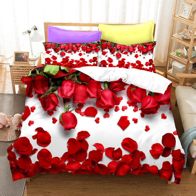 Yeknu Red Rose Duvet Cover Set Full Size Soft Luxury 3D Rose Flower Microfiber Bedding Set 3Pcs Romantic Quilt Cover Queen King Size