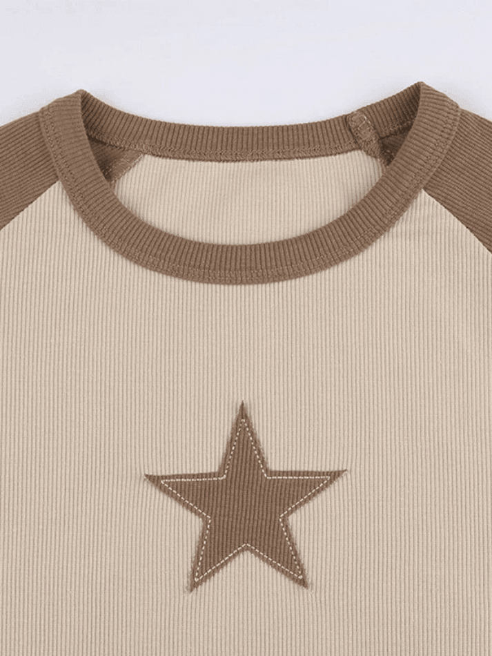 Raglan Sleeve Star Patch Knit Crop Top