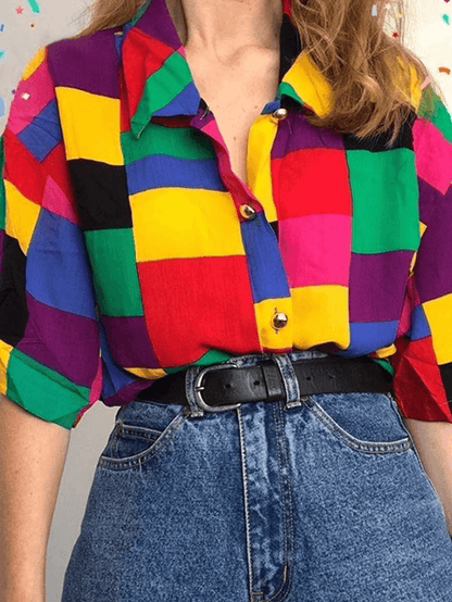 Rainbow Checkered Button Down Blouse