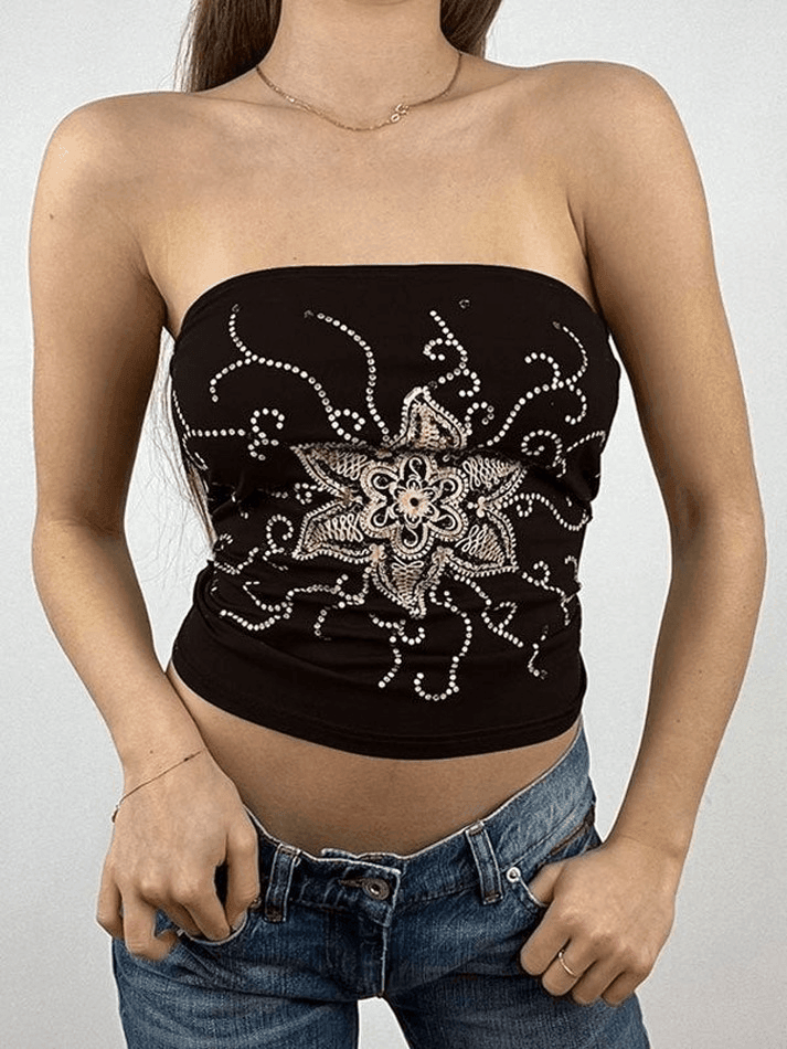 Rhinestone Floral Bandeau Top