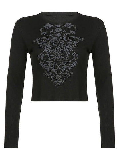 Rib Long Sleeve Printed Crop Top