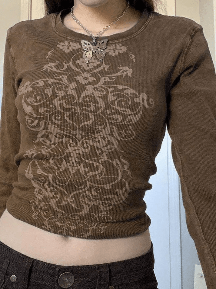 Rib Long Sleeve Printed Crop Top