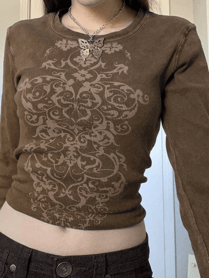 Rib Long Sleeve Printed Crop Top