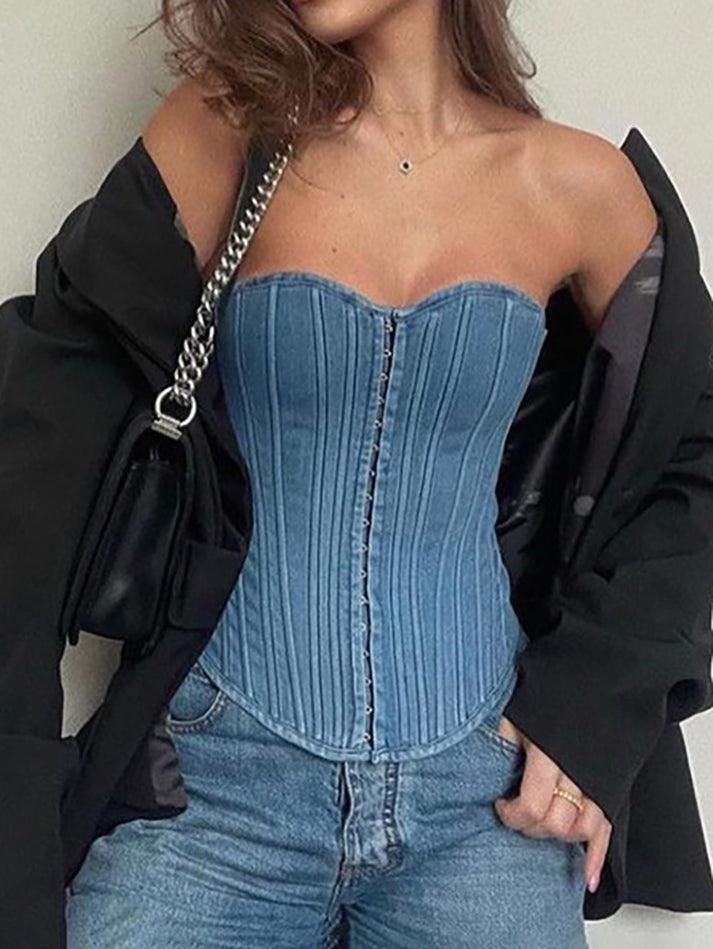 Tie Back Denim Bandeau Corset Top